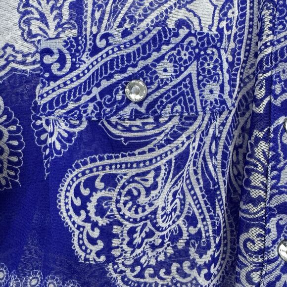 VTG Y2K Fairy Grunge Paisley Mesh Button Front Top Large White Blue Long Sleeve - Picture 5 of 8